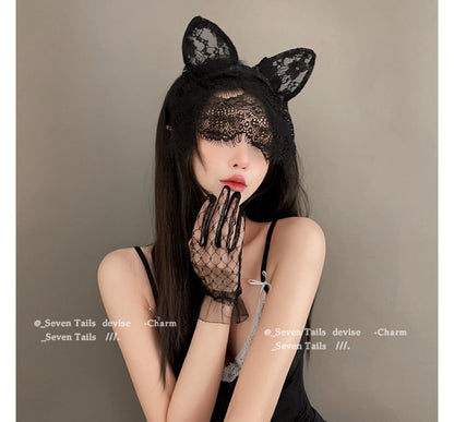 Cat Ear Lace Headband with Veil / Gloves / Set