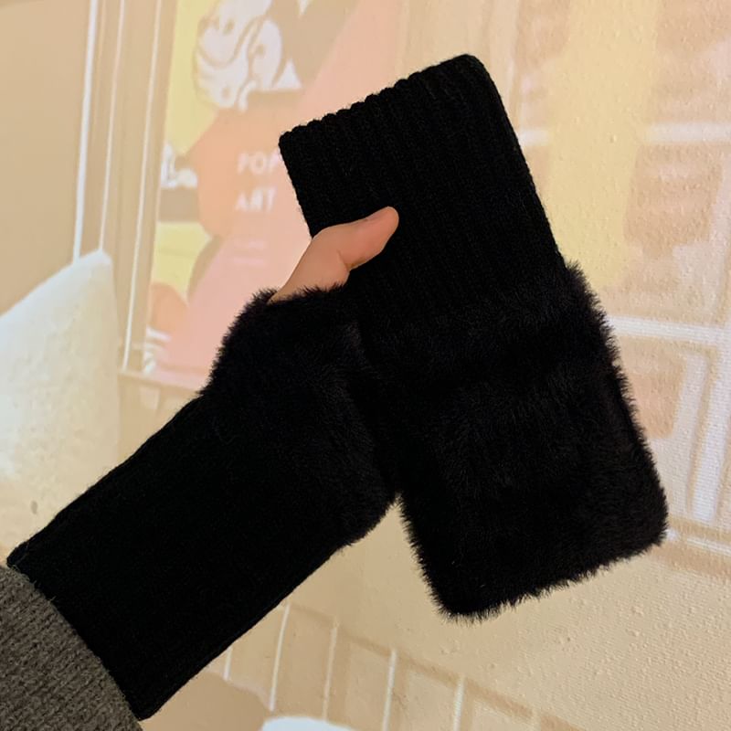 Fluffy Panel Knit Fingerless Gloves