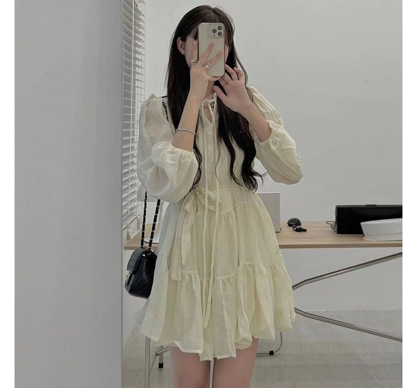 Long-Sleeve Tie-Neck Sashed Plain Mini A-Line Dress