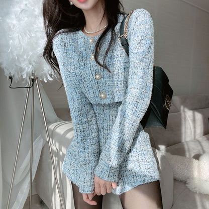 Set: Crew Neck Tweed Crop Button-Up Jacket + High Waist Wide Leg Shorts