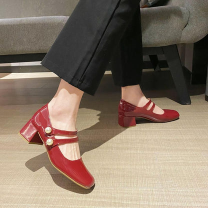 Plain Double-Strap Chunky Heel Mary Jane Pumps