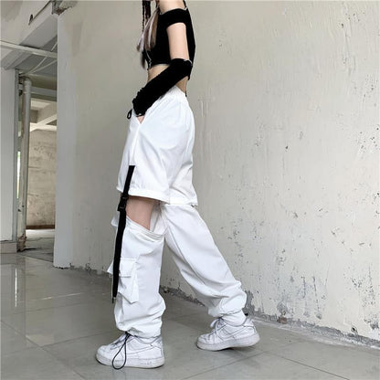 High Waist Straight-Fit Wide-Leg Detachable Cargo Pants