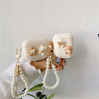 Floral Bear Faux Pearl Chain AirPods / Pro Earphone Case Skin