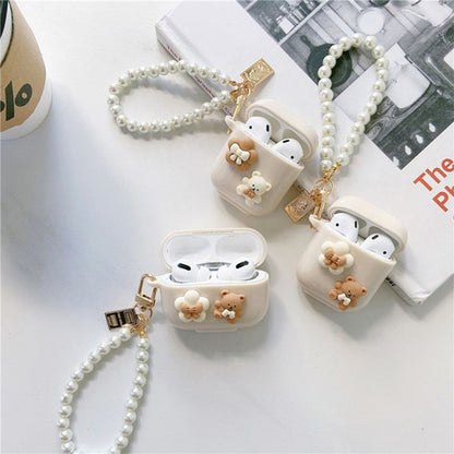 Floral Bear Faux Pearl Chain AirPods / Pro Earphone Case Skin