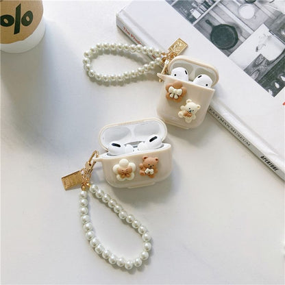 Floral Bear Faux Pearl Chain AirPods / Pro Earphone Case Skin