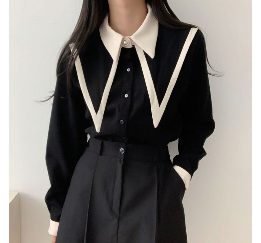 Long-Sleeve Collared Two Tone Shirt