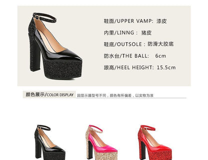 Platform Pointed Toe Glitter Ankle Strap Patent Leather Pumps