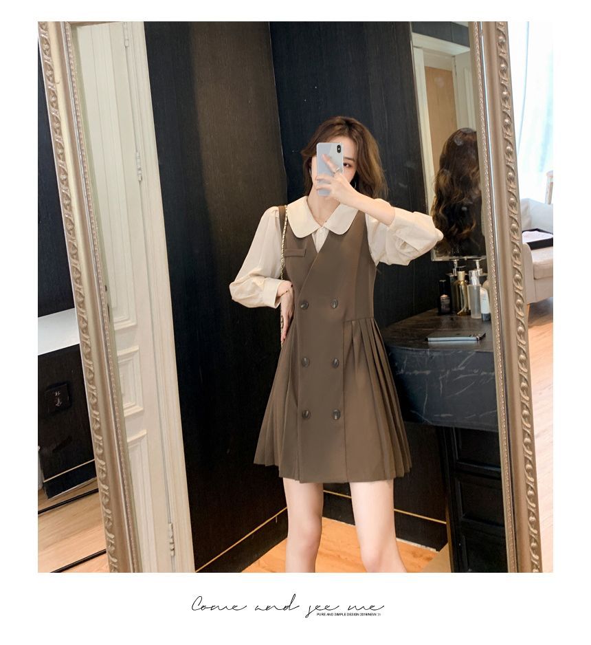 Long-Sleeve Plain Blouse / V-Neck Plain Pleated Double-Breasted A-Line Dungaree Dress