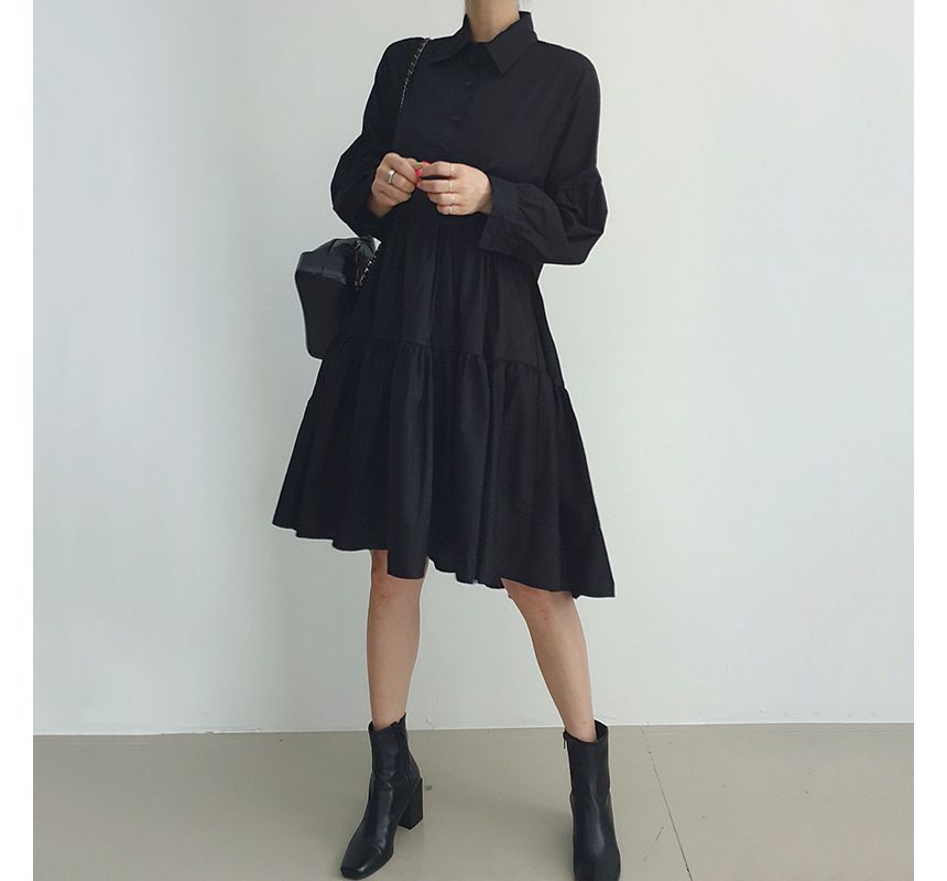 V-Neck Plain Slit Sweater Vest / Long-Sleeve Tiered A-Line Shirt Dress