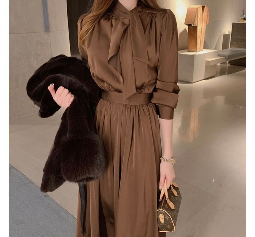 Long-Sleeve Tie-Neck Plain Midi A-Line Dress