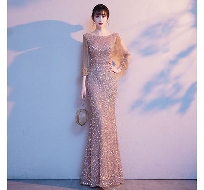 Puff-Sleeve Sequined Rhinestone Mermaid Evening Gown