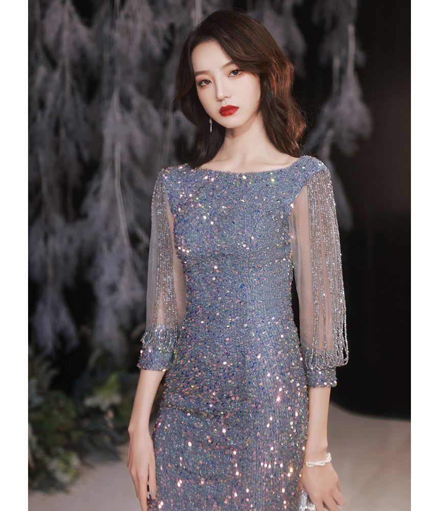 Puff-Sleeve Sequined Rhinestone Mermaid Evening Gown