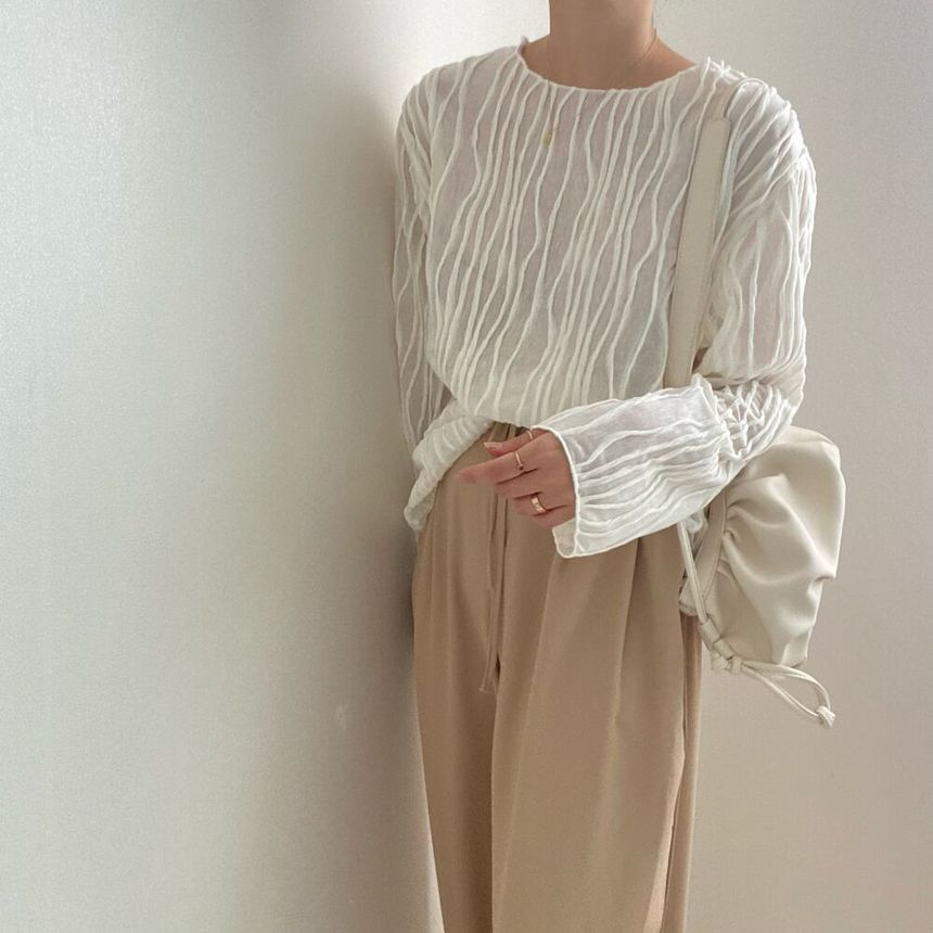 Long-Sleeve Boat Neck Striped Blouse