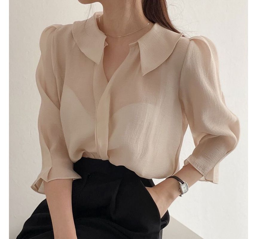 Elbow-Sleeve Collared Plain Blouse