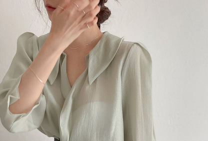 Elbow-Sleeve Collared Plain Blouse