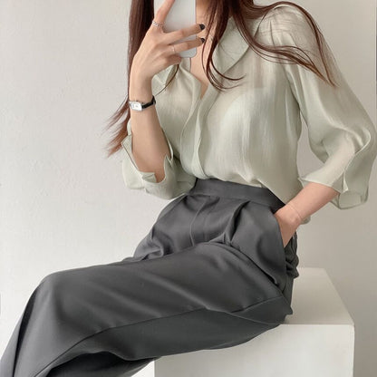 Elbow-Sleeve Collared Plain Blouse