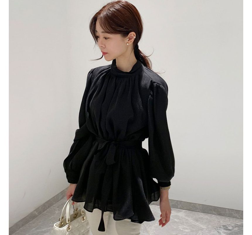 Puff-Sleeve Plain Tie-Front Shirred Blouse