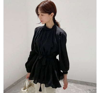 Puff-Sleeve Plain Tie-Front Shirred Blouse