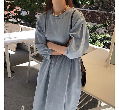 3/4-Sleeve Round Neck Plain Washed Denim Midi Dress