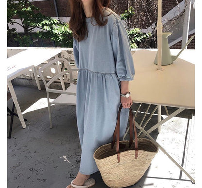 3/4-Sleeve Round Neck Plain Washed Denim Midi Dress