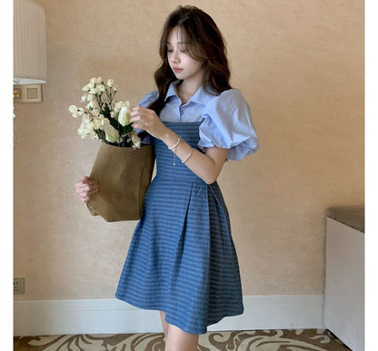 Puff-Sleeve Plain Blouse / Spaghetti Strap Square Neck Striped Denim Mini A-Line Dress