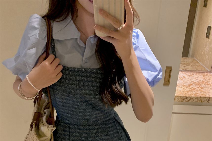 Puff-Sleeve Plain Blouse / Spaghetti Strap Square Neck Striped Denim Mini A-Line Dress