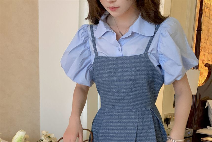 Puff-Sleeve Plain Blouse / Spaghetti Strap Square Neck Striped Denim Mini A-Line Dress