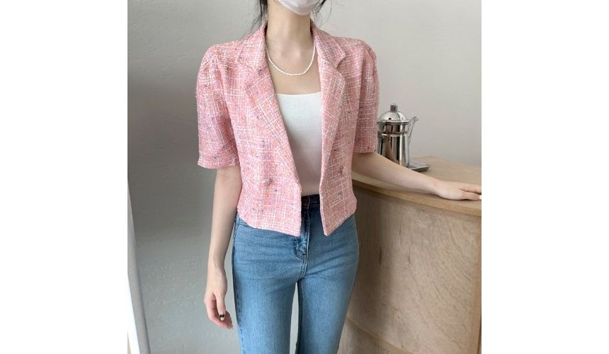 Short-Sleeve Double Breasted Plaid Crop Blazer