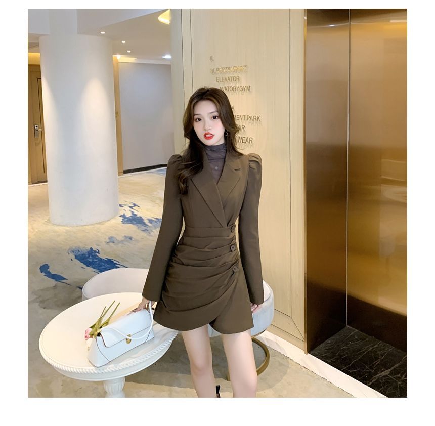 Long-Sleeve Wrapped Plain Mini Blazer Dress