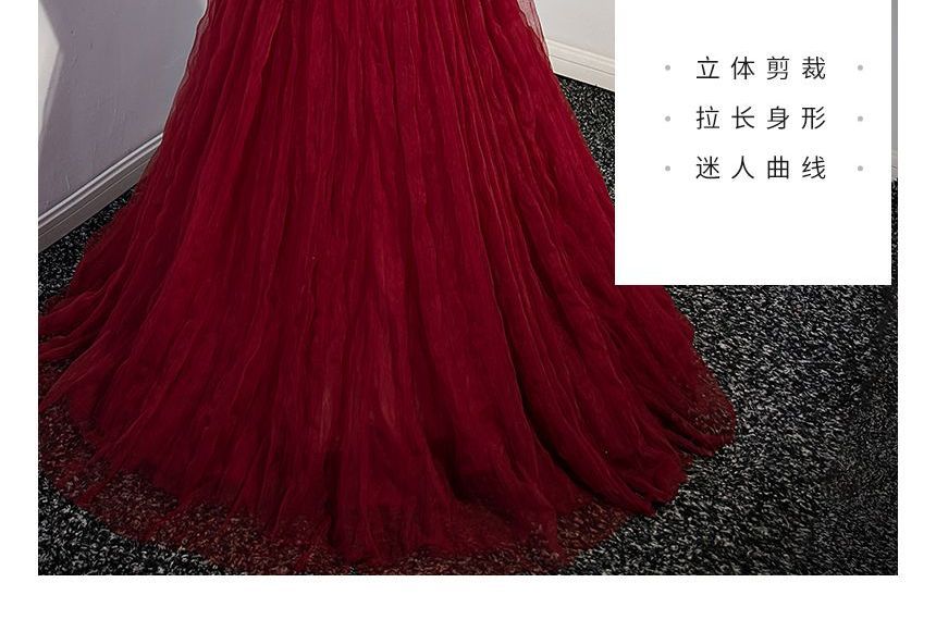 Strapless Bow Shirred A-Line Mesh Evening Gown