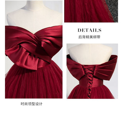 Strapless Bow Shirred A-Line Mesh Evening Gown