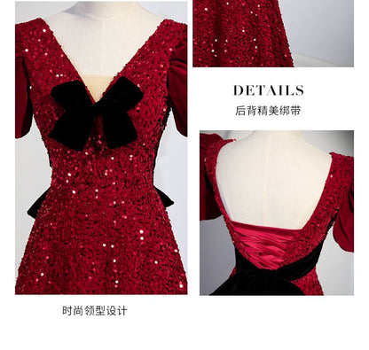 Puff-Sleeve V-Neck Bow Sequined A-Line Evening Gown