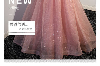 Puff-Sleeve Rhinestone Floral Glitter A-Line Evening Gown