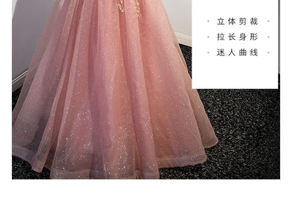 Puff-Sleeve Rhinestone Floral Glitter A-Line Evening Gown