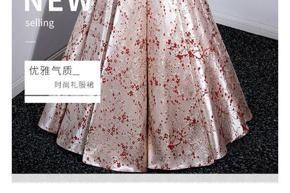 Puff-Sleeve Floral Print Bow A-Line Evening Gown