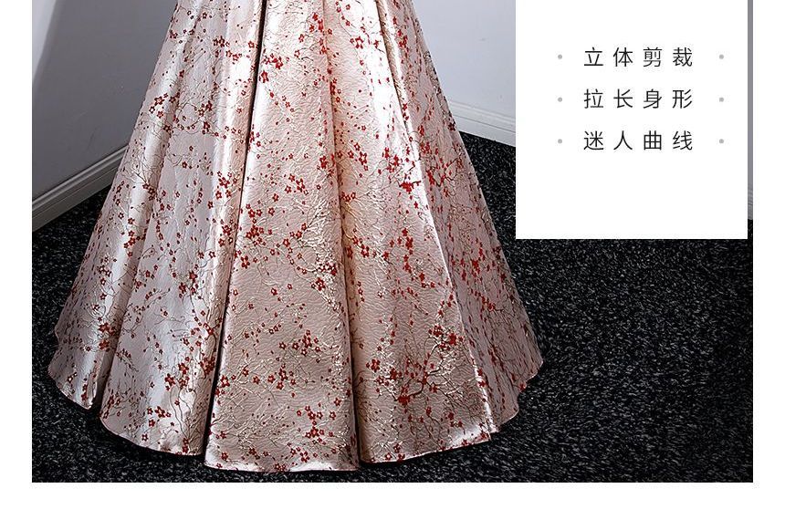 Puff-Sleeve Floral Print Bow A-Line Evening Gown