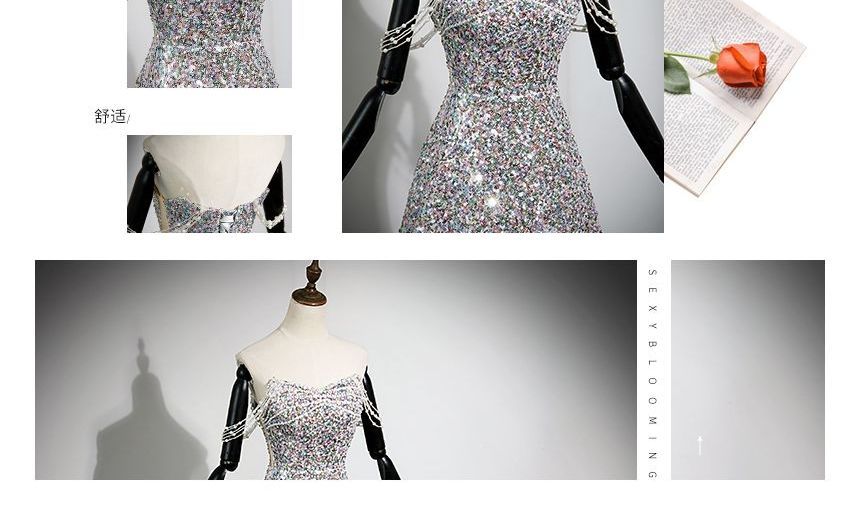 Off-Shoulder Sequined A-Line Evening Gown