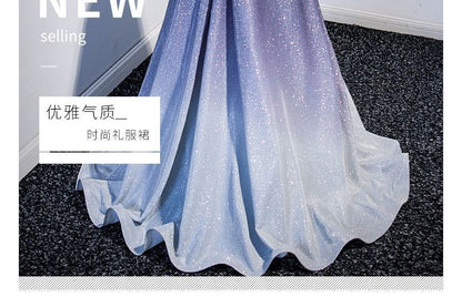 Off-Shoulder Gradient Glitter A-Line Evening Gown