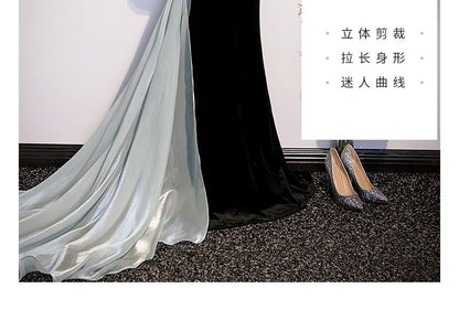 Puff-Sleeve Square Neck Two Tone Bow Back Mermaid Evening Gown