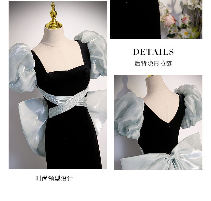 Puff-Sleeve Square Neck Two Tone Bow Back Mermaid Evening Gown