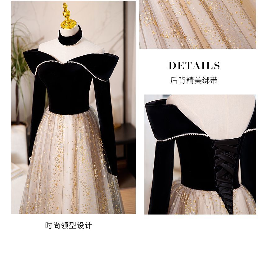 Long-Sleeve Off-Shoulder Two Tone Sequin A-Line Evening Gown