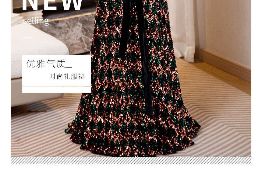 Long-Sleeve Off-Shoulder Sequin Tie Waist A-Line Evening Gown