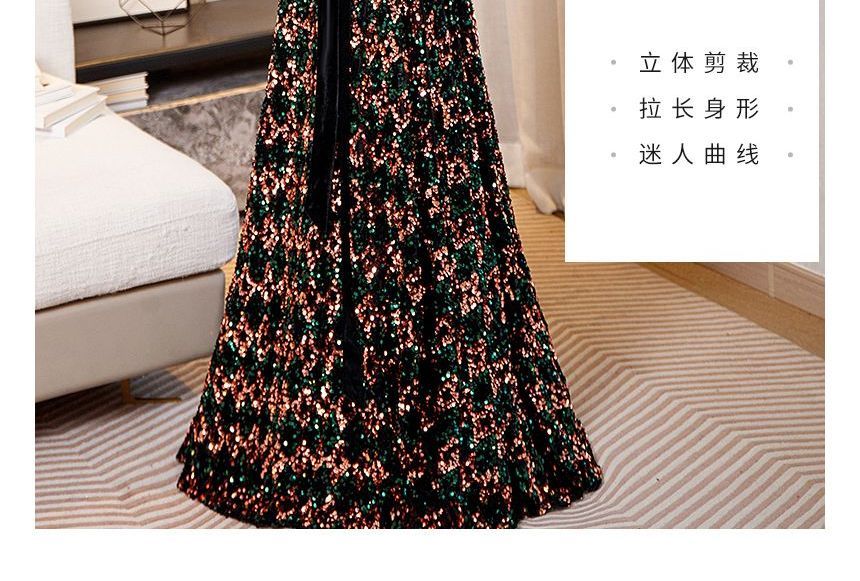 Long-Sleeve Off-Shoulder Sequin Tie Waist A-Line Evening Gown