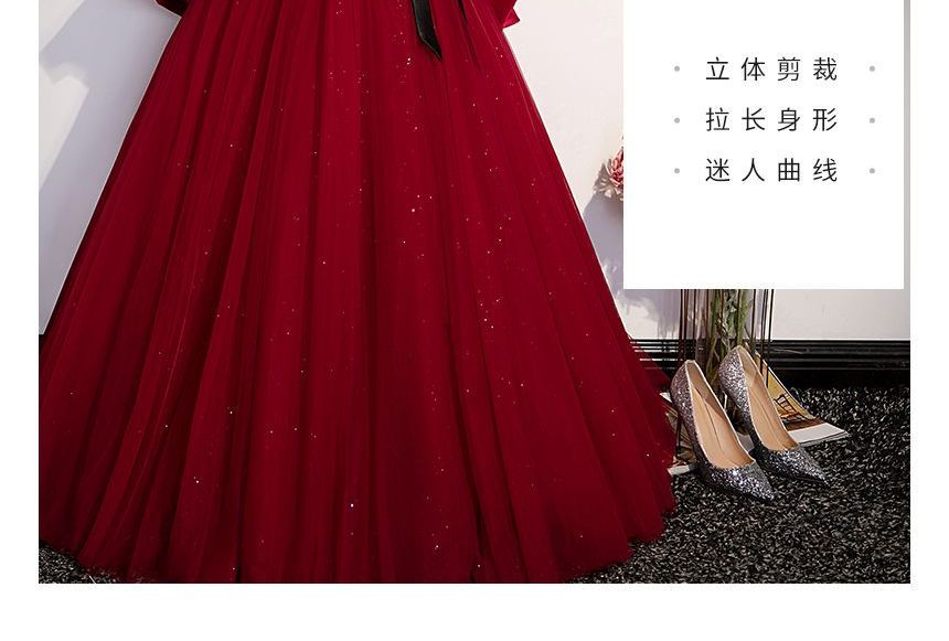 Off-Shoulder Plain Glitter Tie Waist A-Line Ball Gown