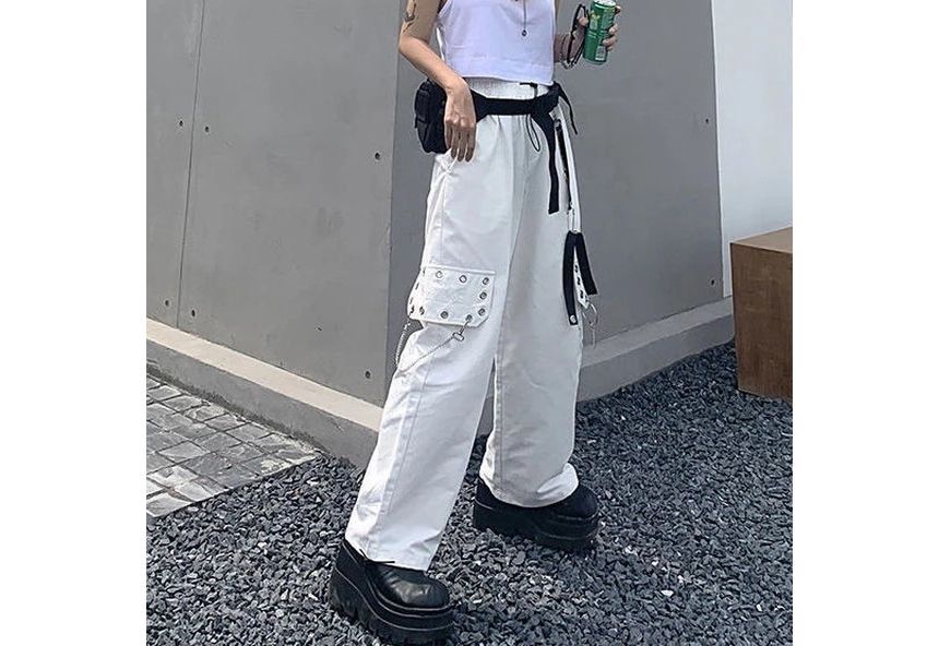 High Waist Lettering Embroidered Loose-Fit Wide-Leg Cargo Pants