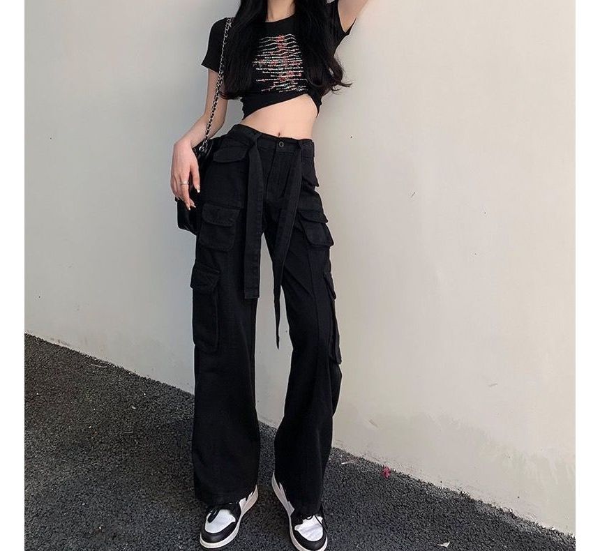 Low Waist Straight-Fit Wide-Leg Cargo Pants