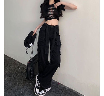 Low Waist Straight-Fit Wide-Leg Cargo Pants