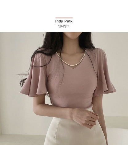 Flare-Sleeve V-Neck Plain Blouse