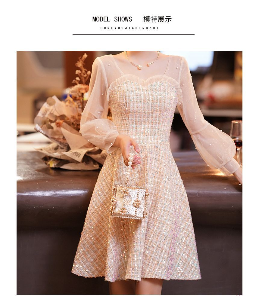 Long-Sleeve Frill Faux Pearl Sequin Panel Tweed A-Line Dress