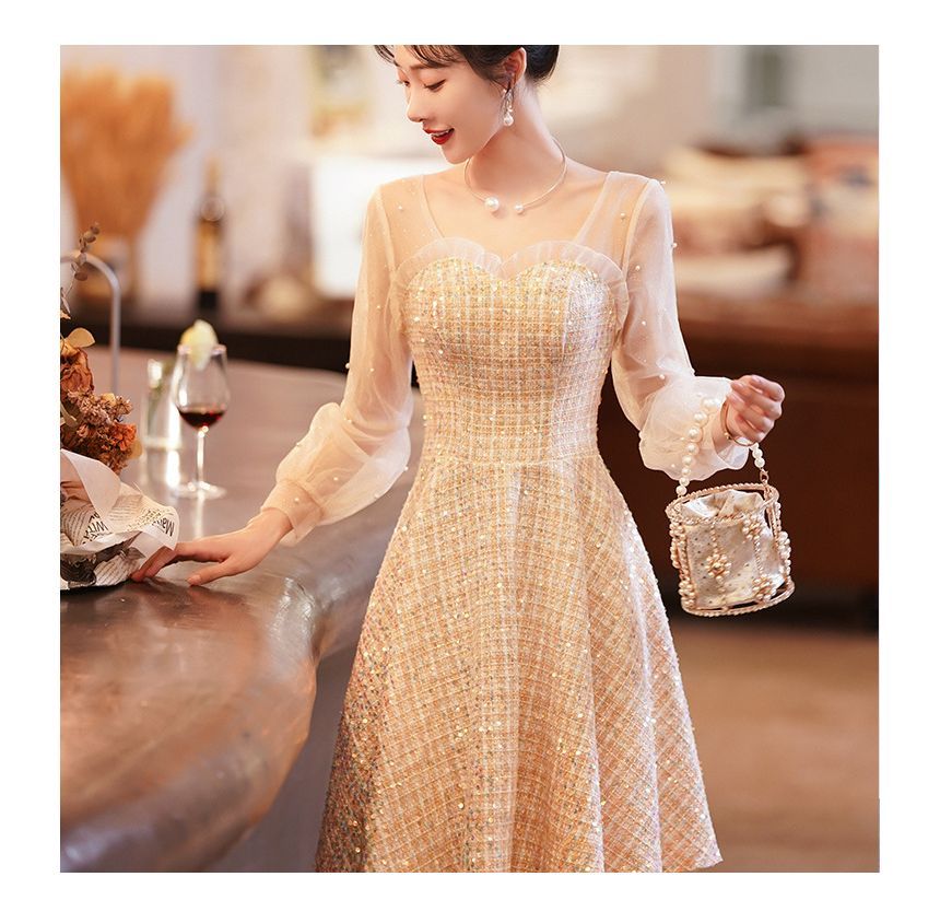 Long-Sleeve Frill Faux Pearl Sequin Panel Tweed A-Line Dress